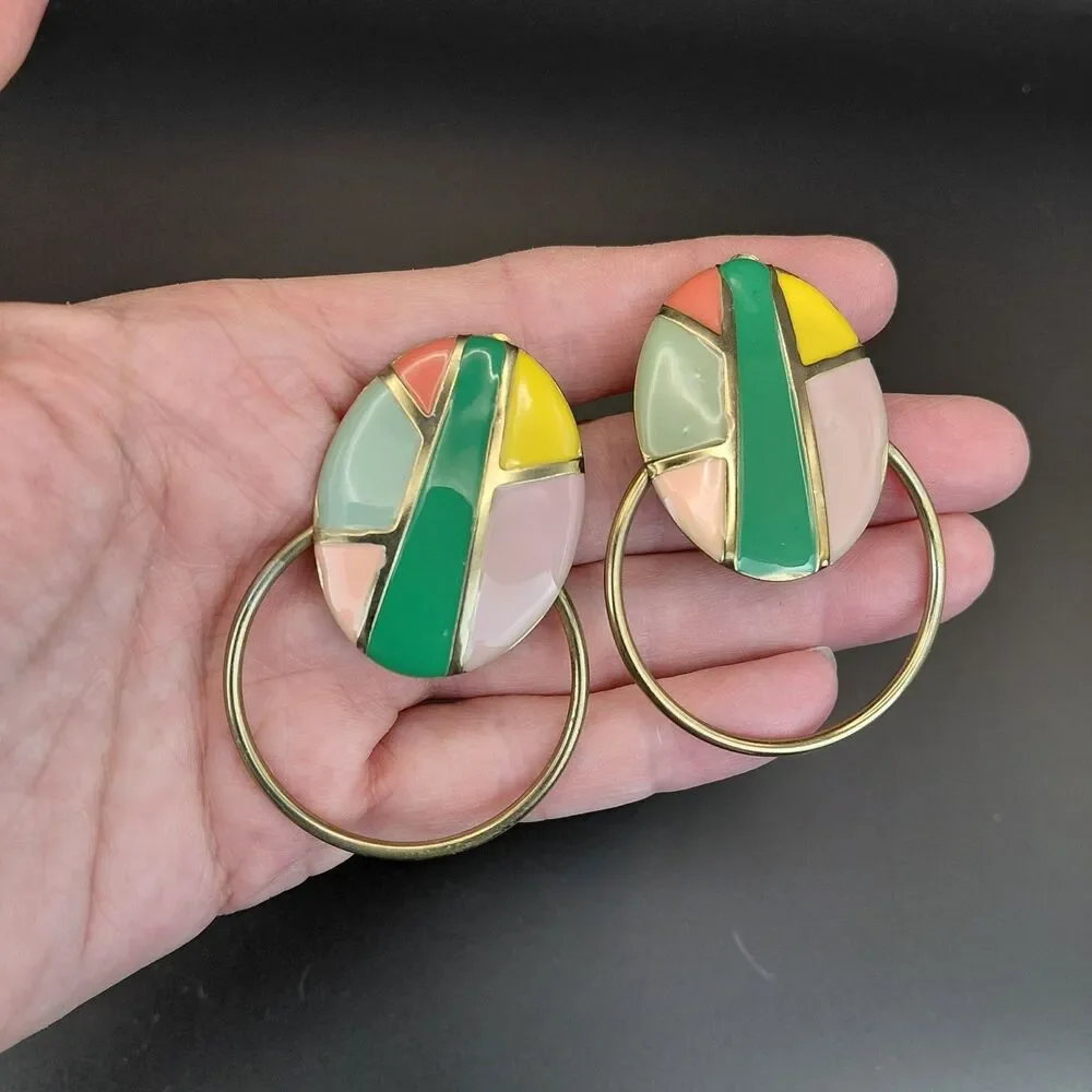 Door Knocker Enamel Earrings Clip On Vtg 80's Memphis Style Geometric Bold